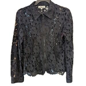 Harlow M All Over Lace Shirt Black Sheer Collared Red Thread Going Out Sexy Goth